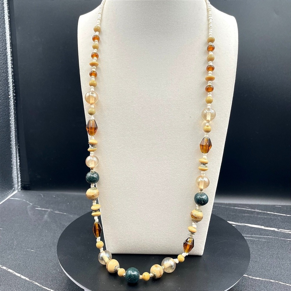 Vintage Beige Classic Fashion Glass Beaded Station Statement Lobster Necklace